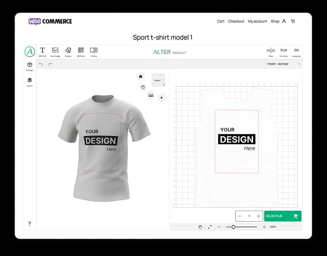 WooCommerce demo storefront with an embedded Alter Product customizer for a sport T-shirt product