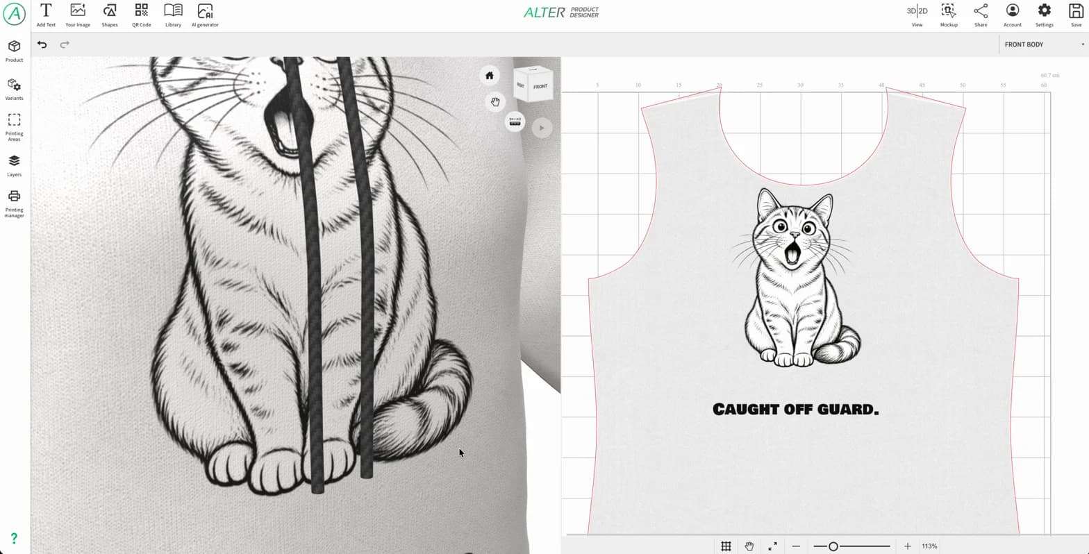 A generated cat and separate text on a sweatshirt in the 3D view and on the front pattern piece in the 2D view.