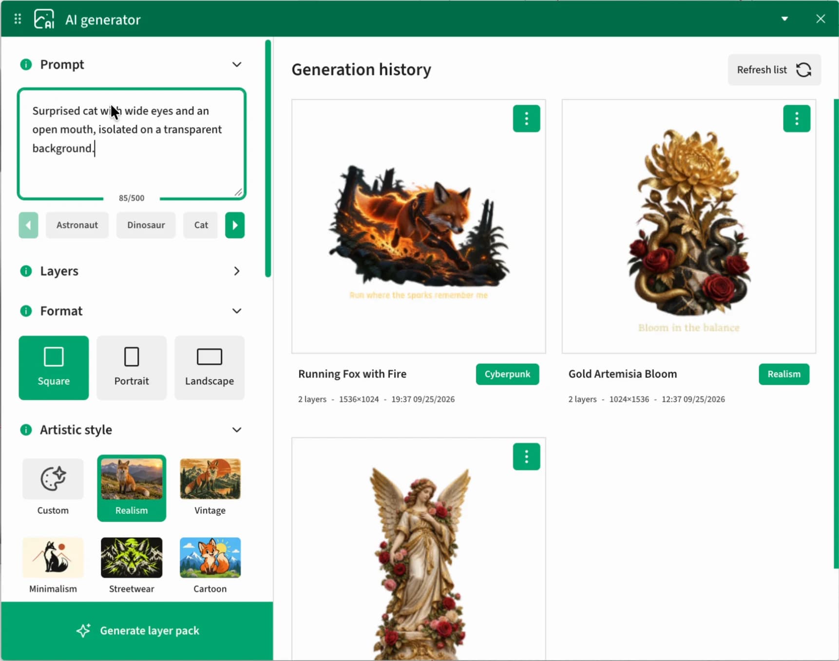 AI generator in Alter Product: prompt field, layer selection, format and styles alongside the history of generated graphics.