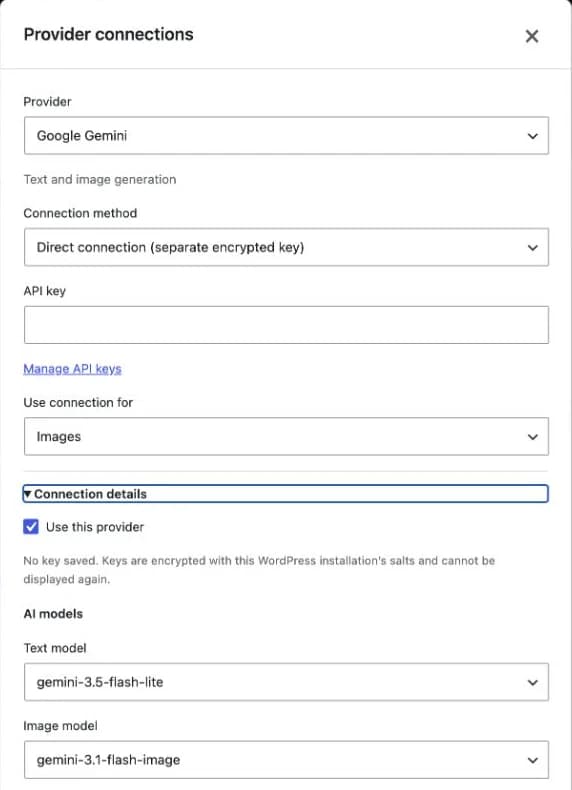 Google Gemini form in the WordPress plugin with the gemini-3.5-flash-lite and gemini-3.1-flash-image models.