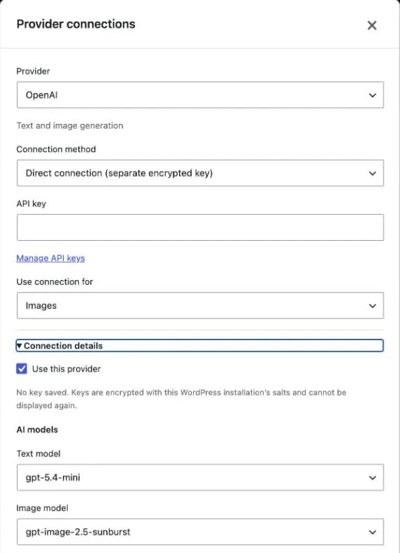 OpenAI form in the WordPress plugin: connection method, empty API key field and text and image models.