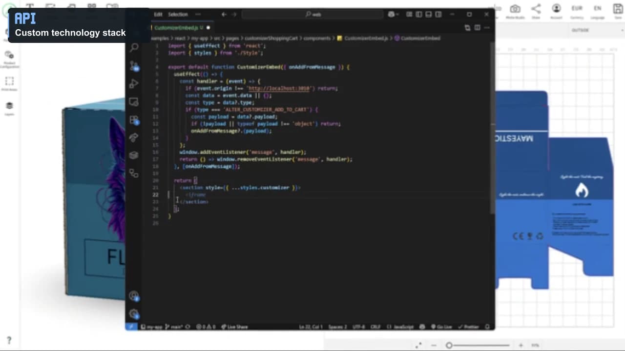 Custom integration example: a code editor and a packaging Customizer on a website