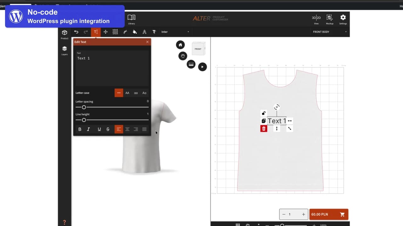 Customizer embedded in a store page with T-shirt text editing and the cart button