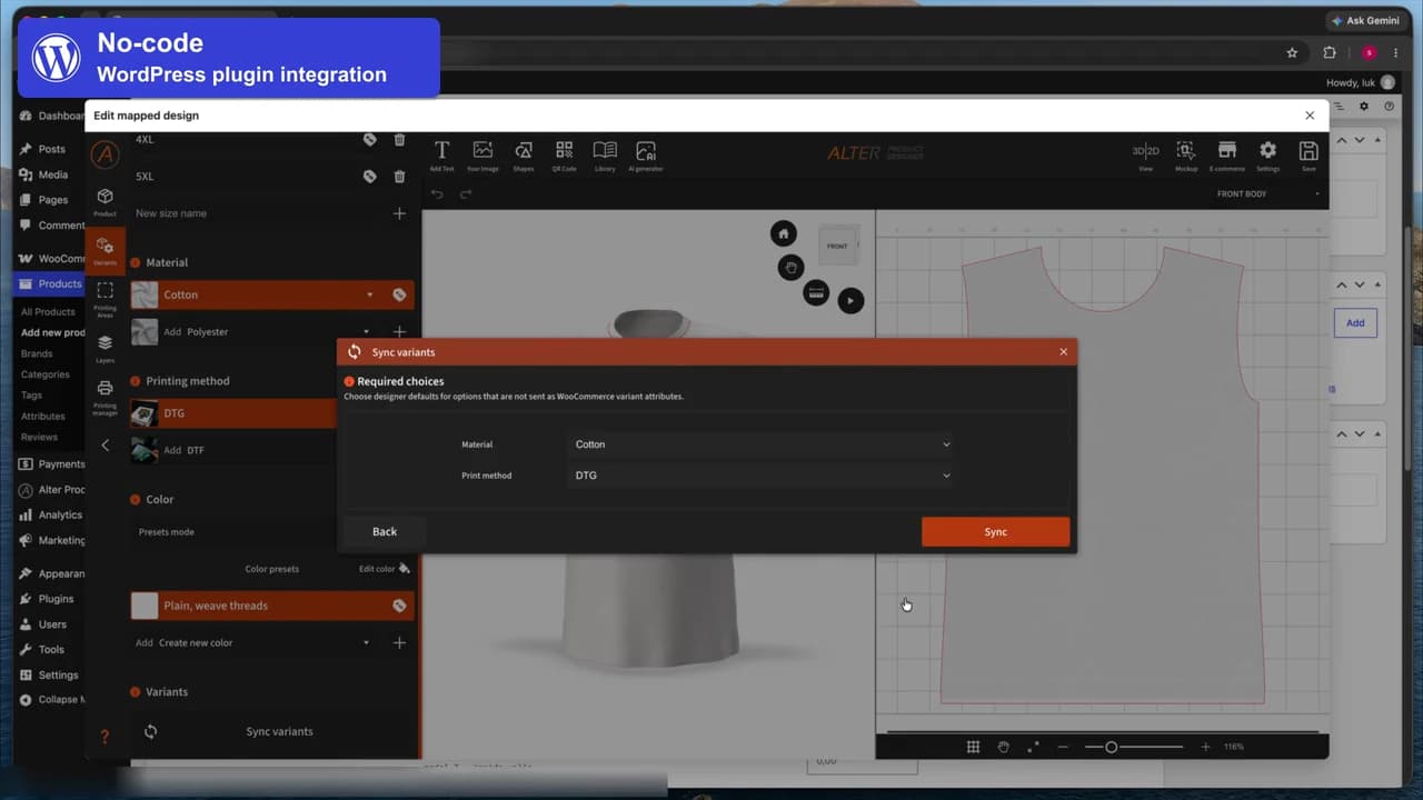 Designer opened from a WooCommerce product and the Sync variants dialog with material and printing method settings