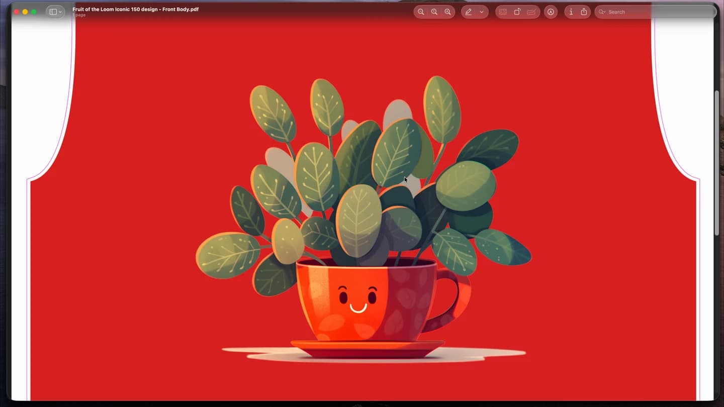 An enlarged section of an exported PDF: a plant print on a red background and the outline of the T-shirt's front body.