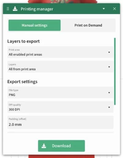 Printing manager with manual selection of areas, layers, PNG format, 300 DPI quality and padding.