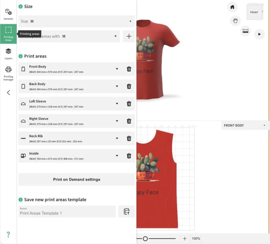 Printing Areas in Designer: size selection, area sharing and a list of T-shirt surfaces alongside the 2D and 3D preview.