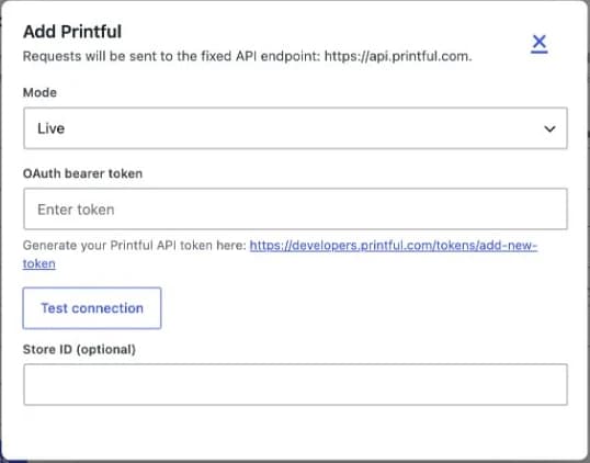 The Printful connection form in the WordPress plugin: access token, connection test and optional store ID.