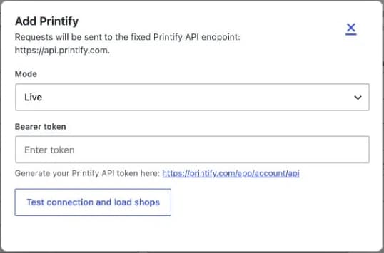 The Printify connection form in the WordPress plugin: operating mode, token field and connection test that loads shops.