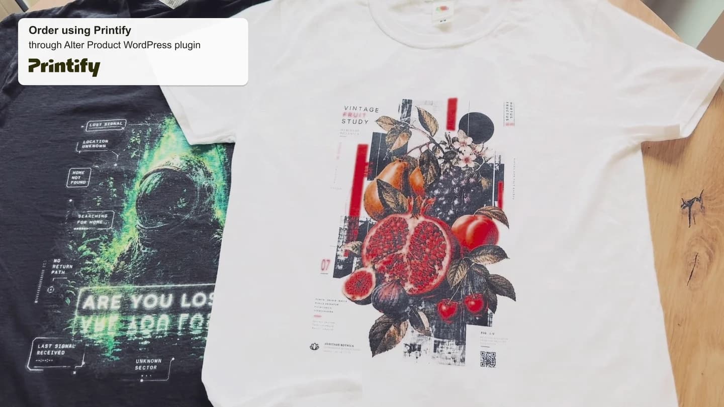 Two real printed T-shirts ordered through Printify using the Alter Product WordPress plugin.