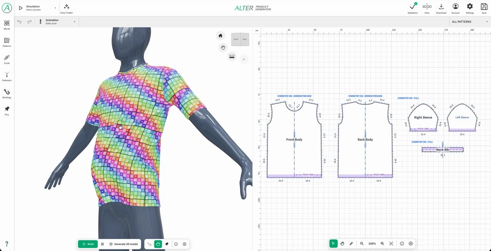 Interactive T-shirt simulation on a mannequin in Product Generator.
