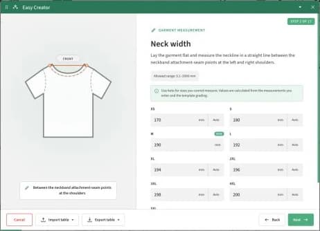Easy Creator showing a neck-width measurement illustration, the base size and Auto buttons for other sizes.