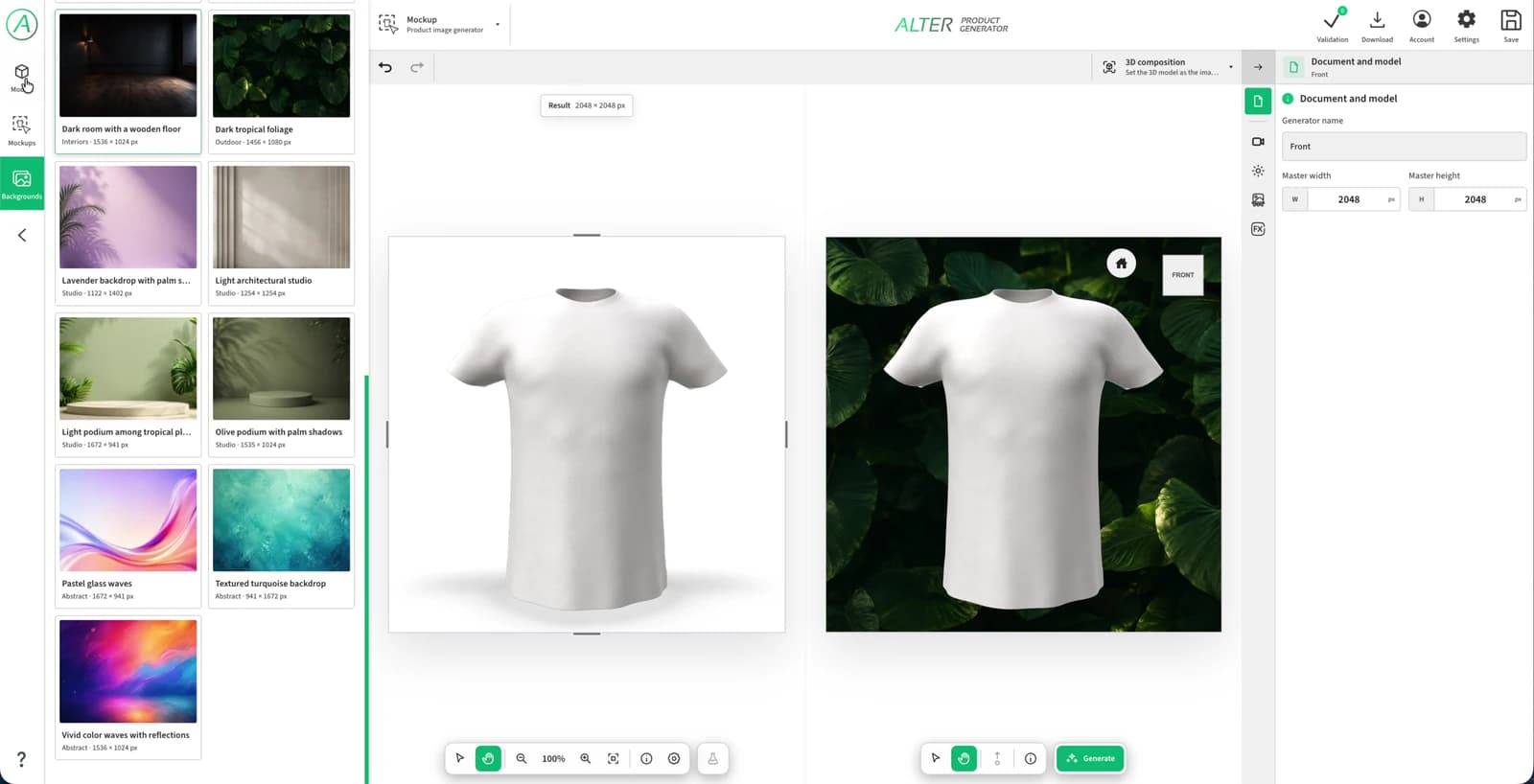 Mockup editor with a background library and a T-shirt against leaves in the 3D scene preview.