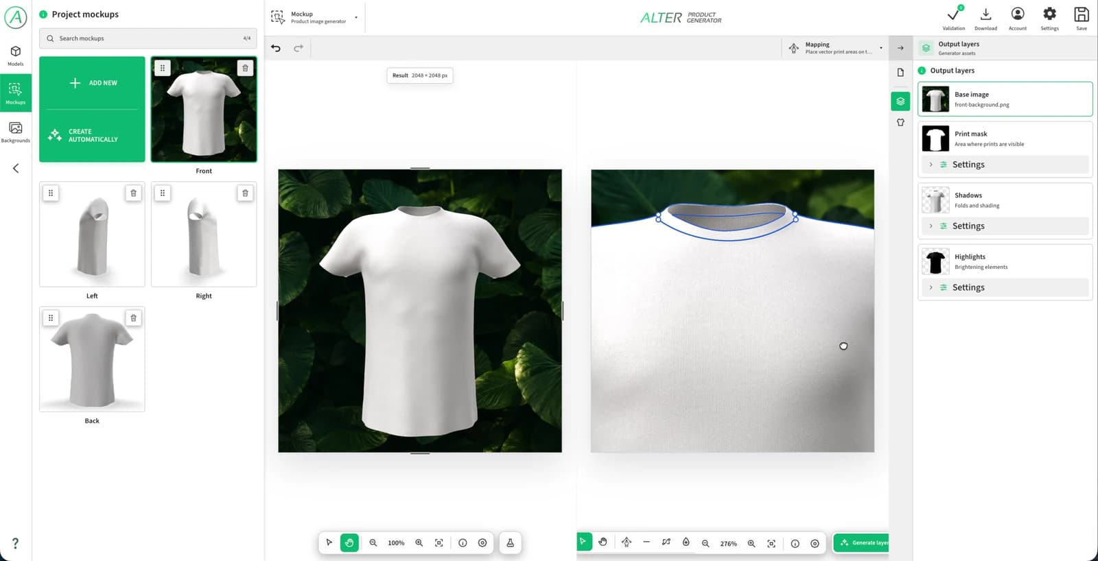 T-shirt collar with outline points and handles, and the layer panel for the base image, print mask, shadows and highlights.