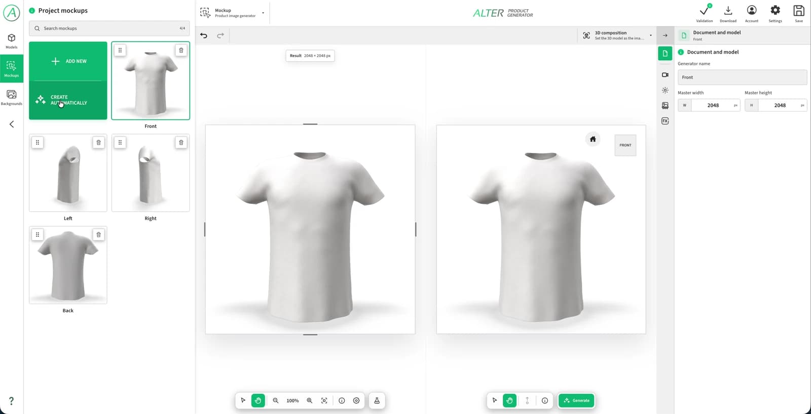 Four product views panel in the mockup editor: front, left, right and back.