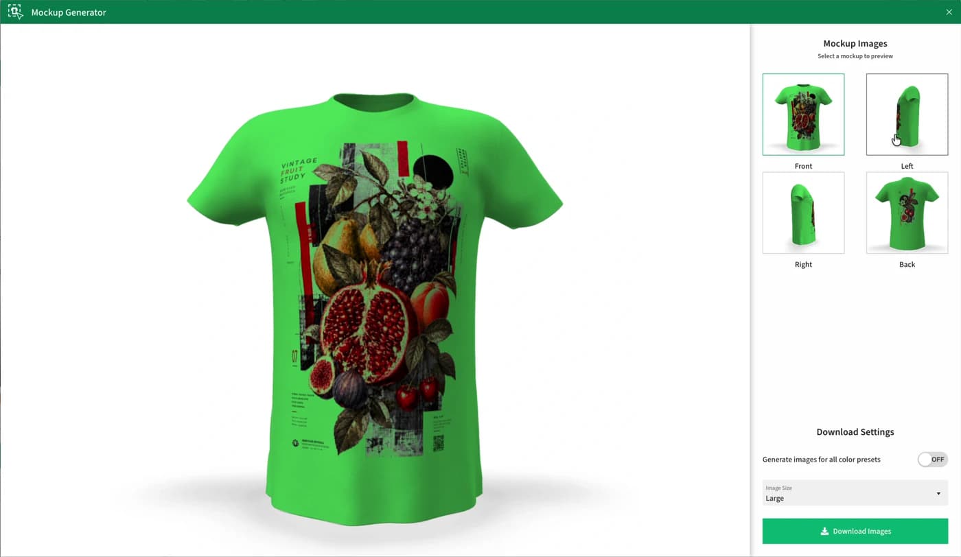 A green T-shirt with a fruit-themed print in the Mockup Generator window, with thumbnails of four views and download settings.