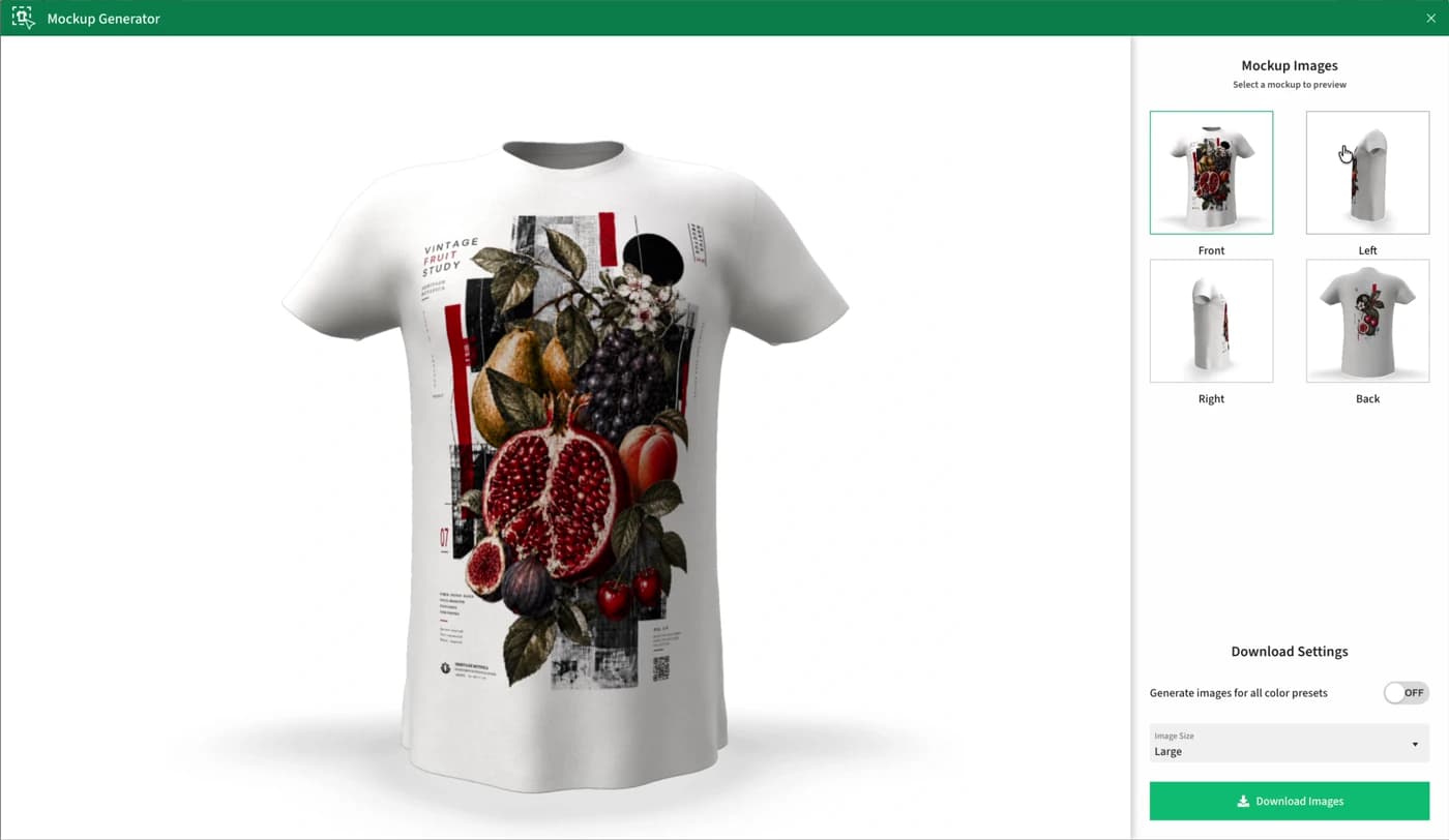 A white T-shirt with a fruit-themed print in the Mockup Generator window, with thumbnails of four views and download settings.