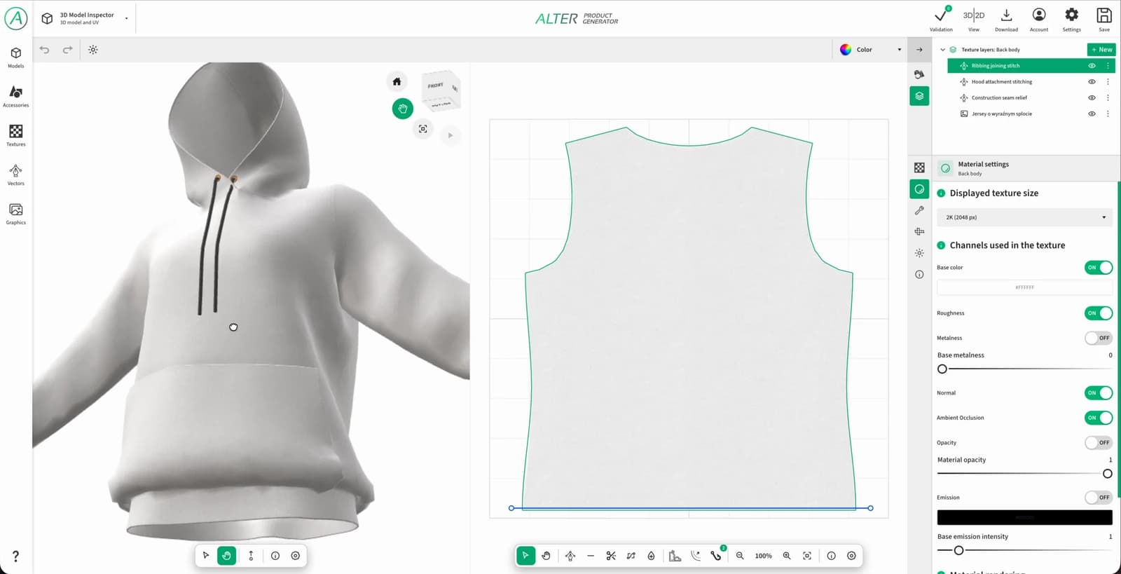3D Model Inspector: a white hoodie, the rear panel's UV layout, texture layers and material settings.