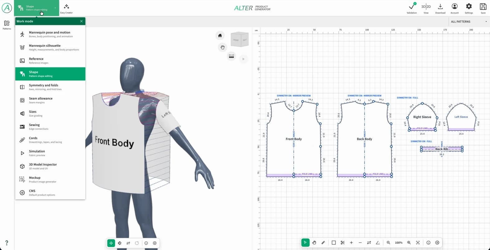 Pattern editor: a mannequin with T-shirt panels, 2D patterns and the work-mode menu open.
