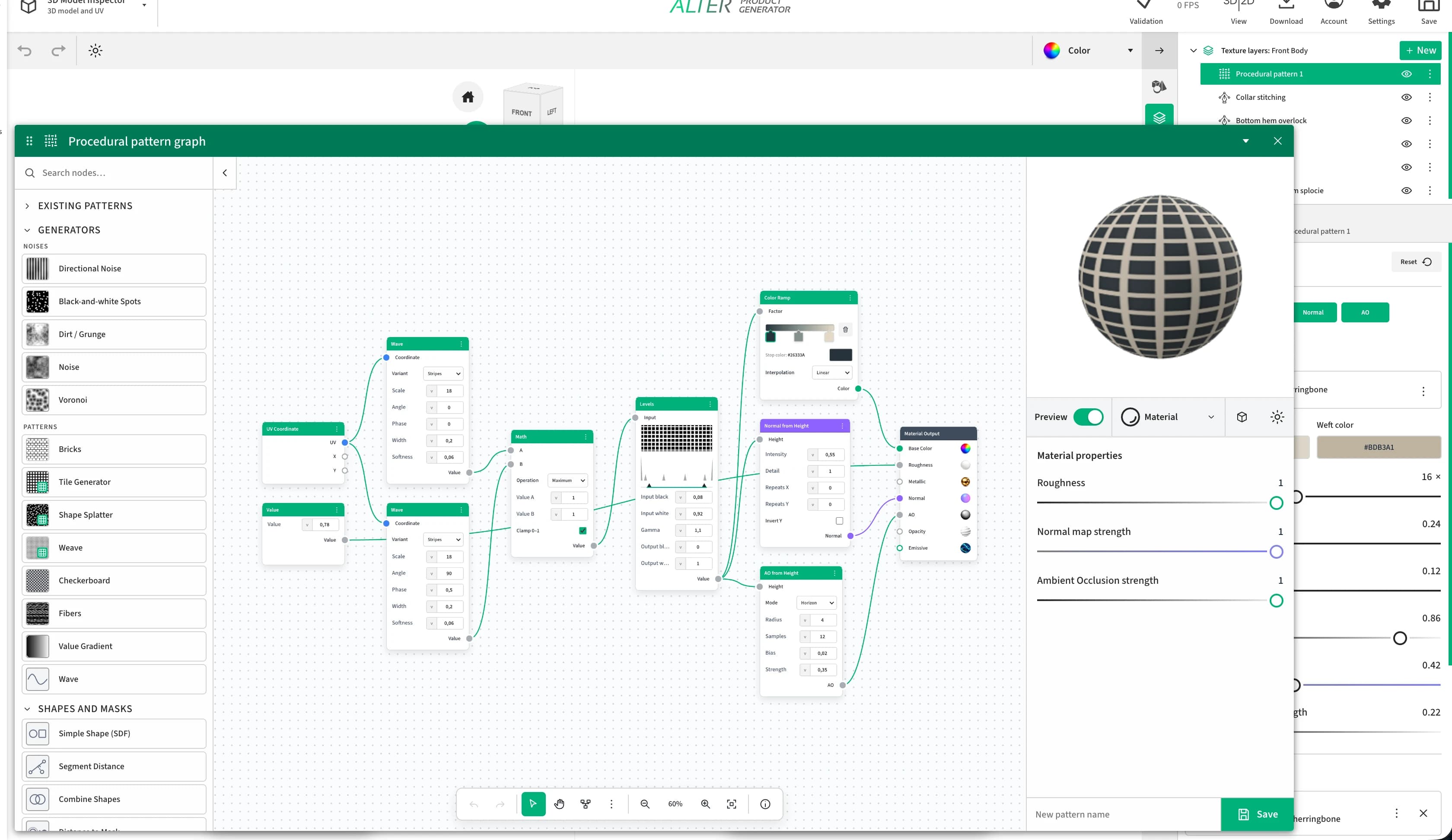 The procedural pattern graph editor in Alter Product: a generator library, two Wave nodes connected through Math and Levels to material channels, and a grid preview on a sphere.