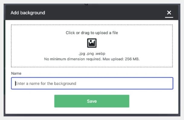 Form for adding a custom background in WordPress: JPG, PNG, or WebP upload, name, and save button.