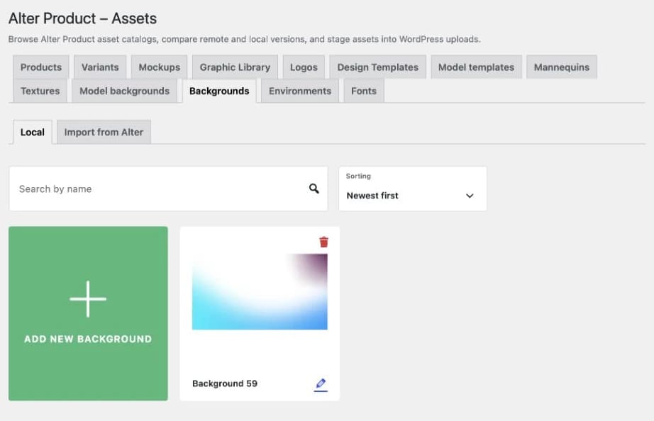 Interface background library with a blue-purple background and an Add new background button for adding your own brand image.
