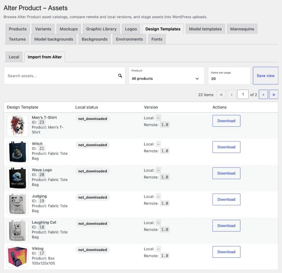 Design templates for T-shirts, bags, and boxes, with an assigned product, version, and download button.