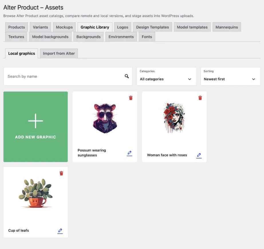 Local image library in WordPress: custom illustrations, search, categories, and a button to add a new image.