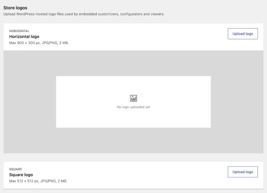Brand logos panel with separate Upload logo buttons for horizontal and square versions and the required dimensions.