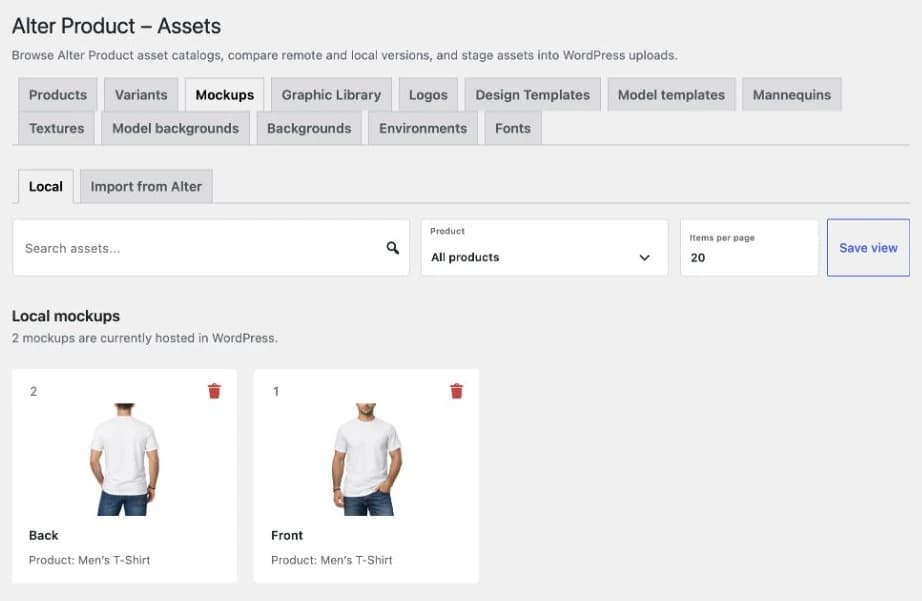 Local product mockups in WordPress: front and back views of a T-shirt on a model, with a product filter.