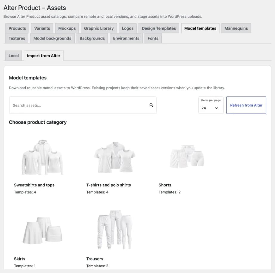 Catalog of 3D model templates: sweatshirts, T-shirts, shorts, skirts, and trousers available to import into WordPress.