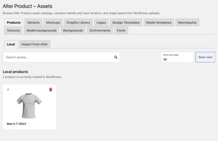 Products tab in the Alter Product library: a T-shirt model downloaded to the local WordPress site.