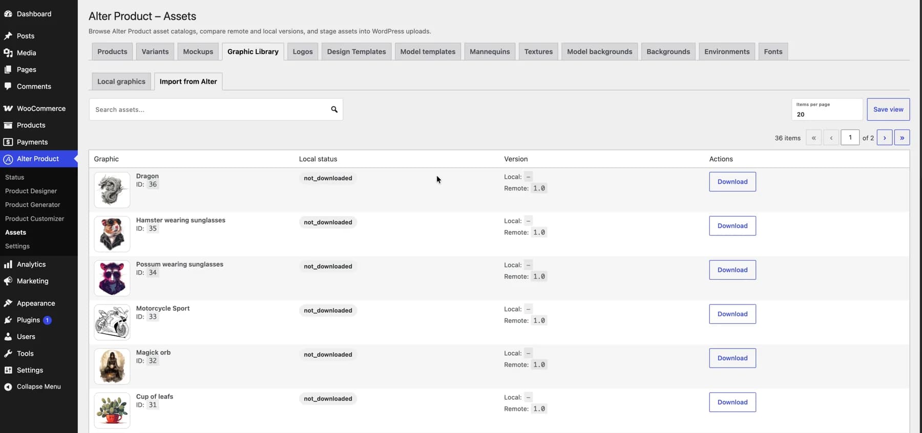 Alter Product Assets panel in WordPress with the model library and import options