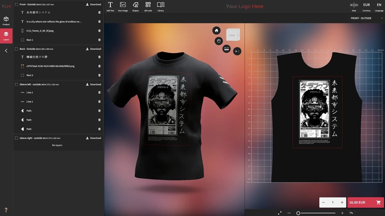 Customizer demo — interactive 3D/2D tool for designing products like T-shirts, mugs, and bags with custom text, images, QR codes, and shapes in real time