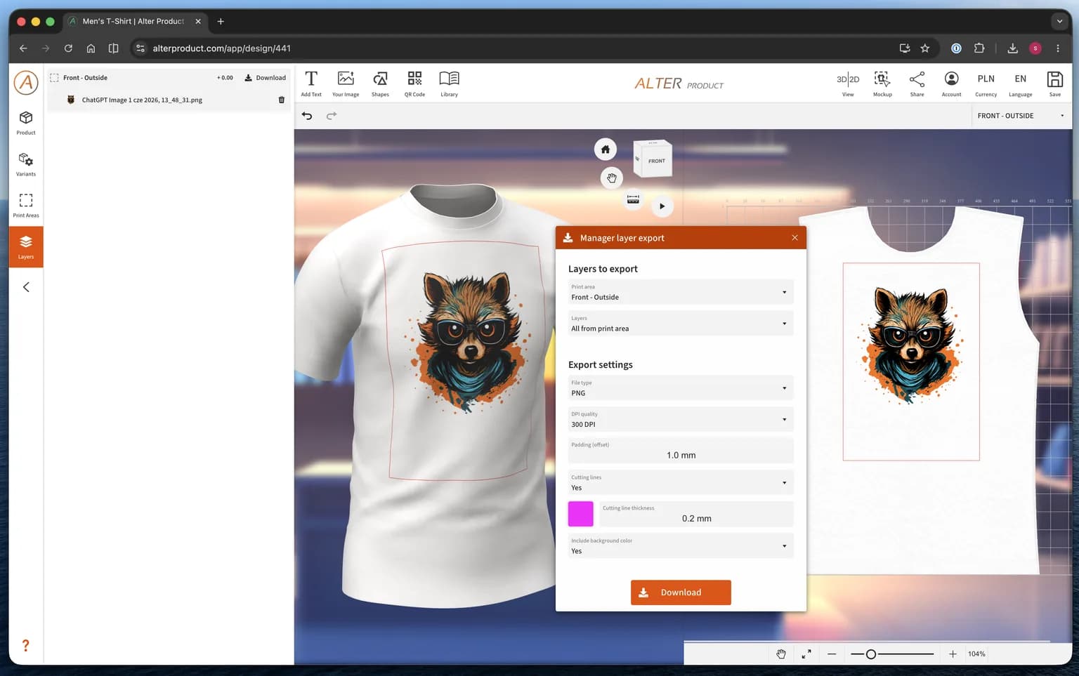 Zrzut ekranu z Alter Product Designer pokazujący proces eksportu z wyborem obszaru nadruku, jakością 300 DPI i przyciskiem „Download”.