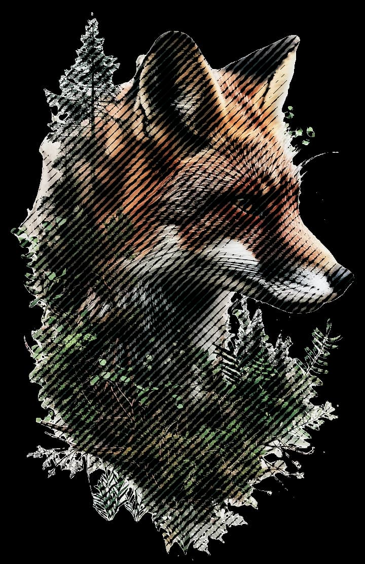 The same fox artwork with a line halftone rotated by 45 degrees in Alter Product.