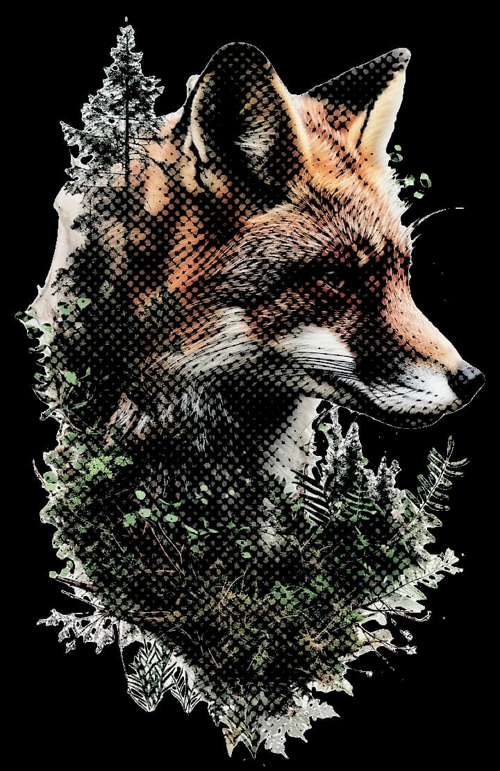 The same fox artwork after applying a round halftone in Alter Product.