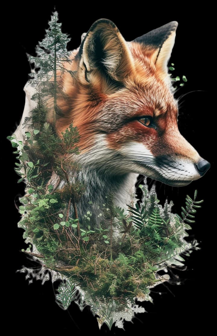 Fox artwork combined with a forest landscape, before applying the halftone filter.
