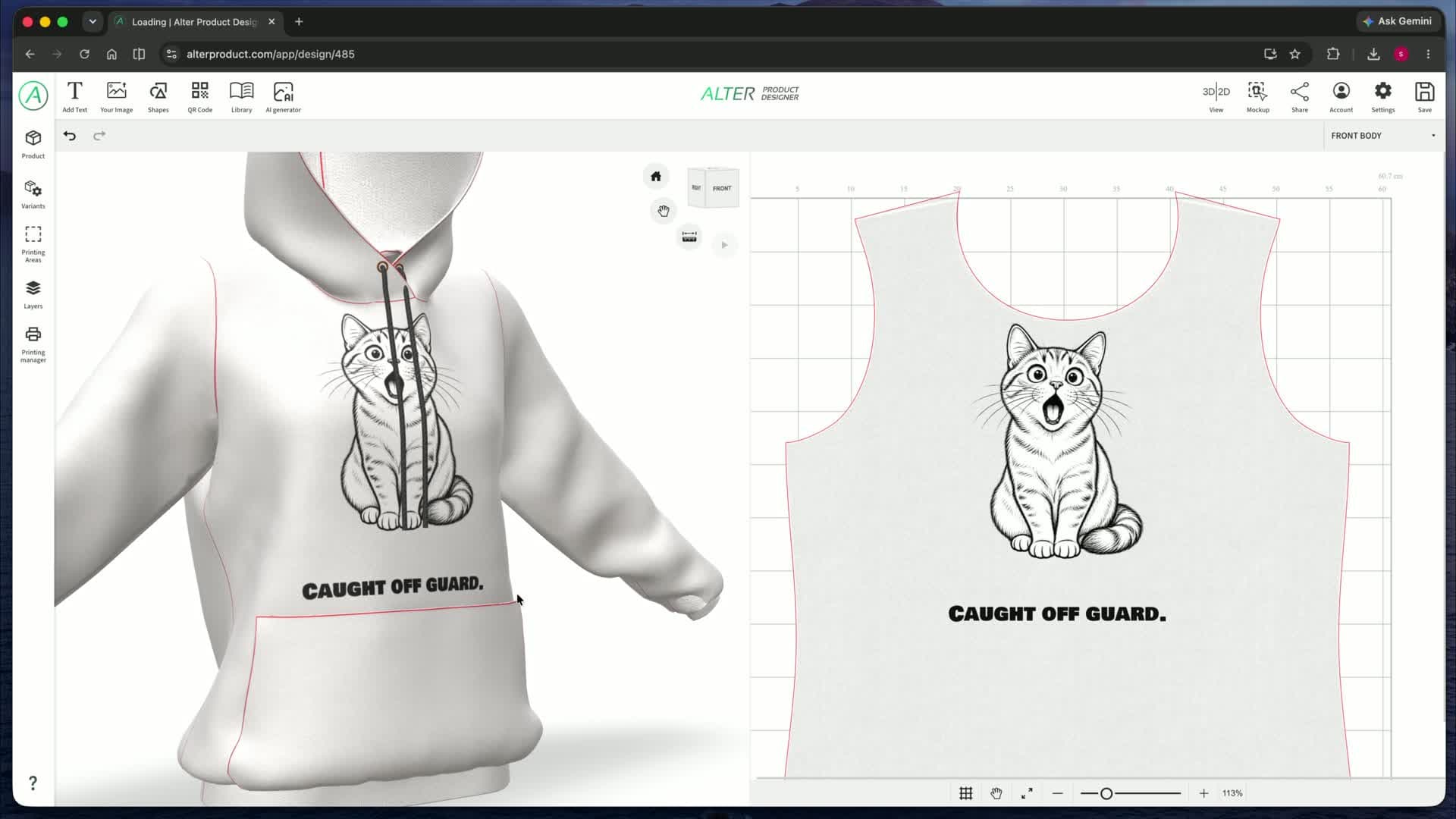 Alter Product's Product Designer: the same cat artwork on a sweatshirt in the 3D view and on its print area in the 2D view.