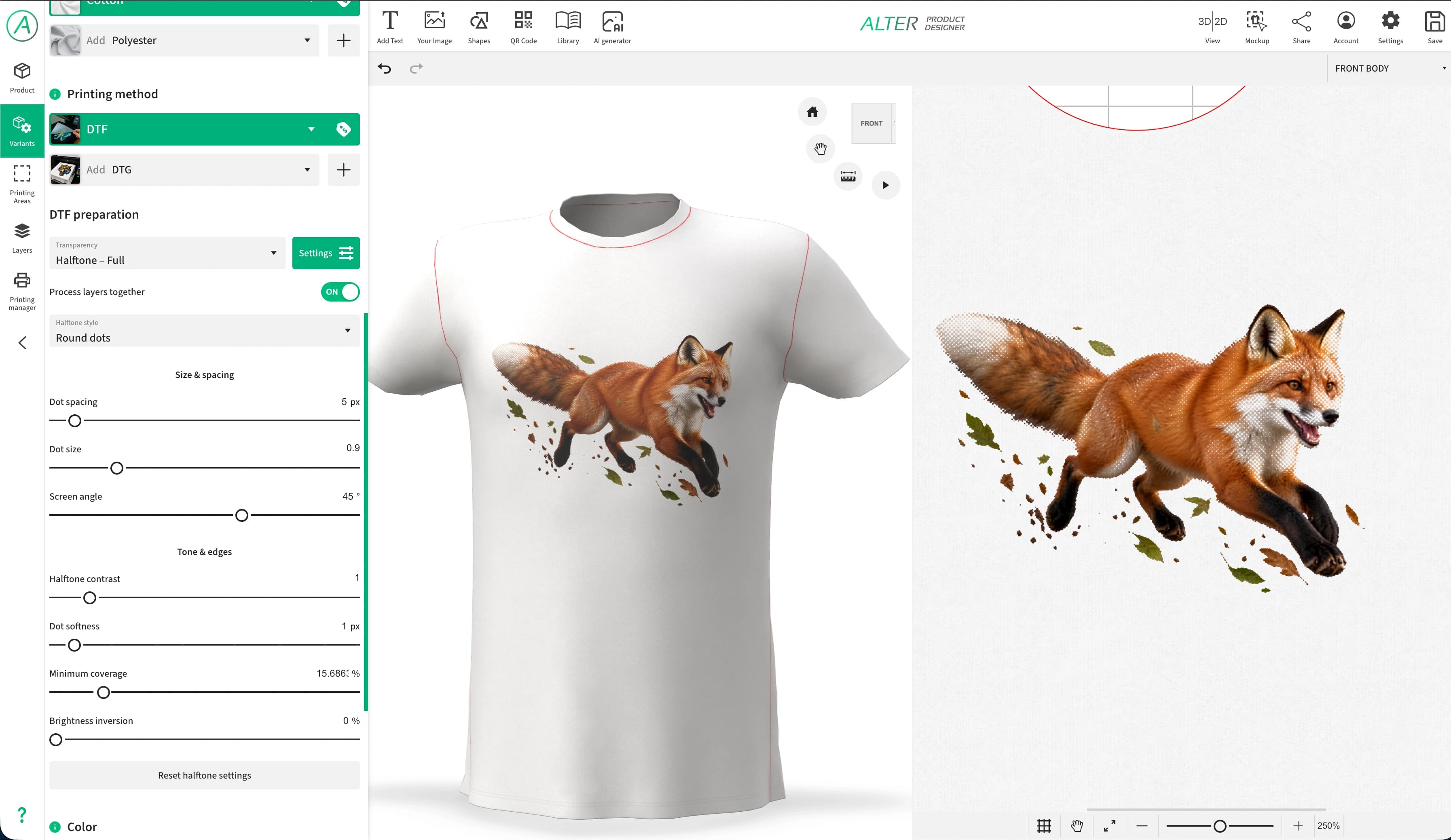 Preparação DTF no Designer: modo de transparência, configurações de retícula e design em 2D e 3D.