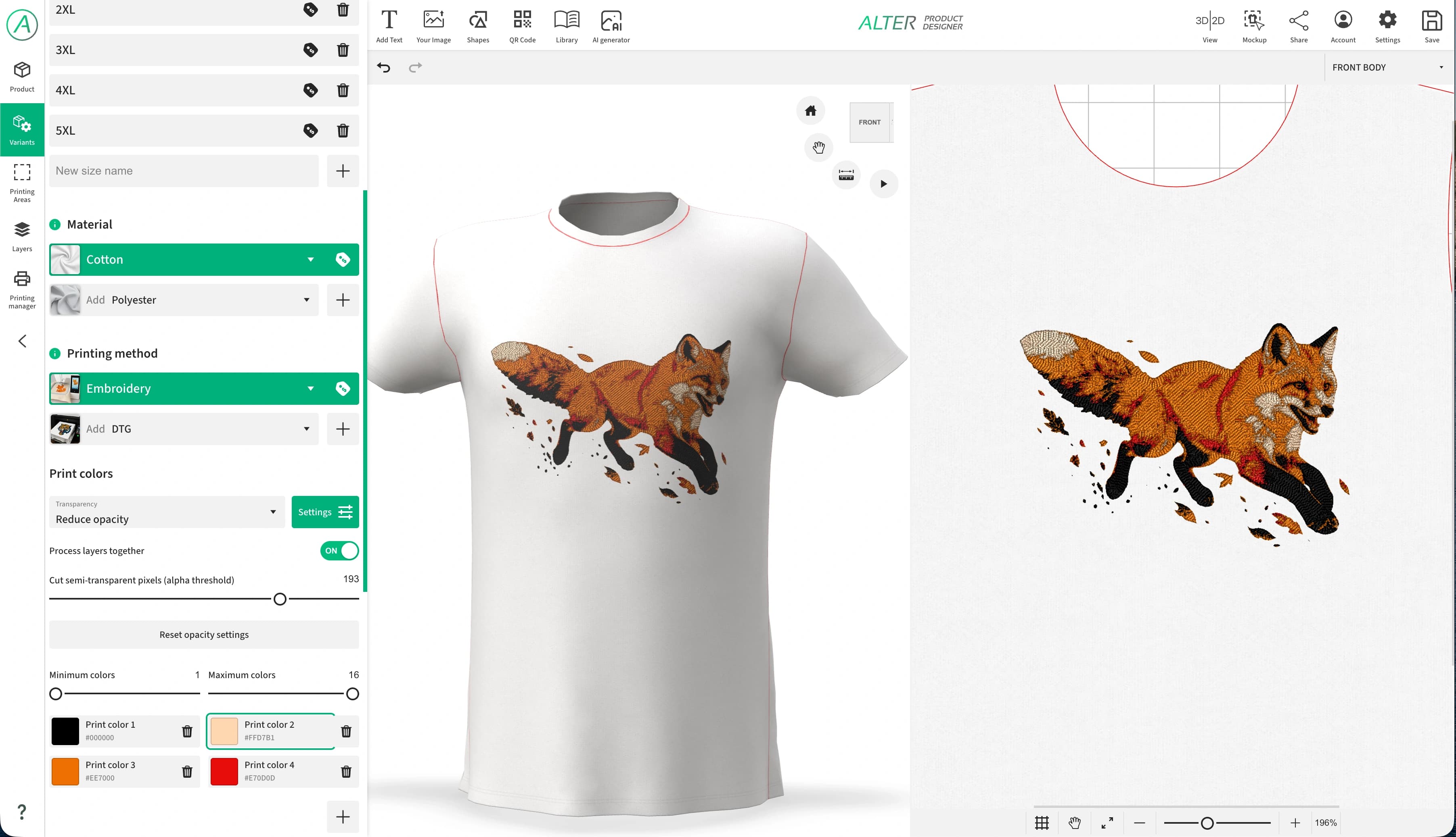 Bordado no Designer com cores de linhas e uma visualização com textura do design em 2D e 3D.