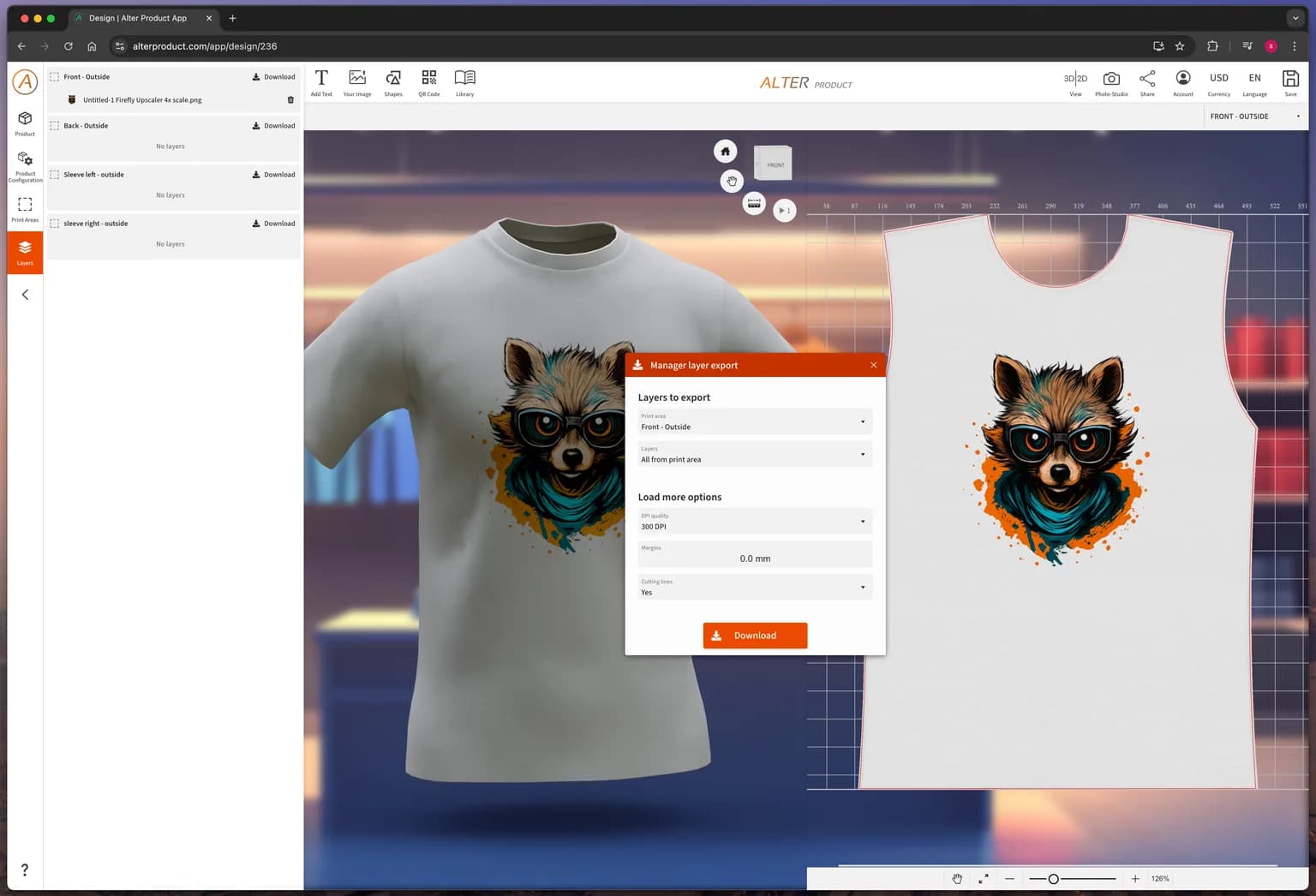 Screenshot of Alter Product Designer showing the export process with print area selection, 300 DPI quality, and a “Download” button.