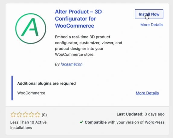 WordPress plugin search results showing the Alter Product plugin for WooCommerce