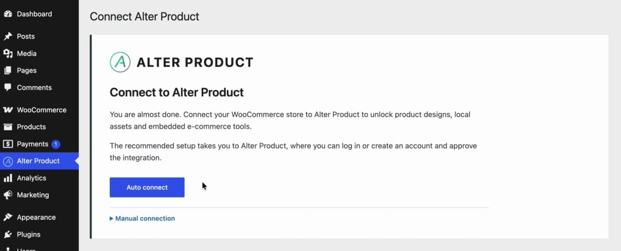 Alter Product connection screen in WordPress with the Auto connect button