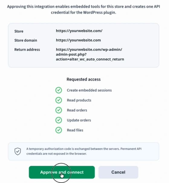 Alter Product account screen asking to approve a WooCommerce store connection