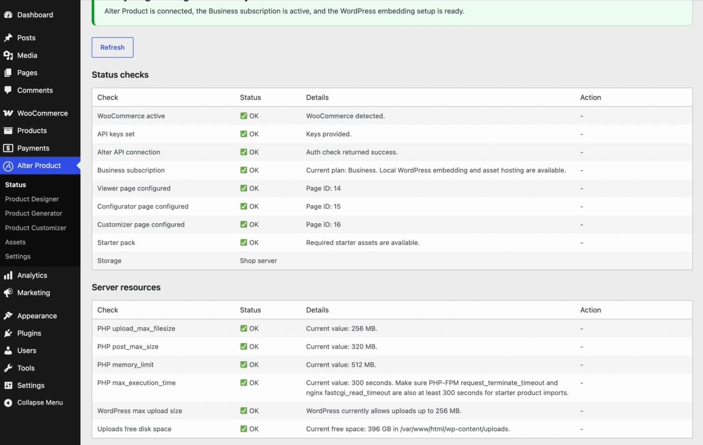 Alter Product Status page showing connection and server checks in WordPress