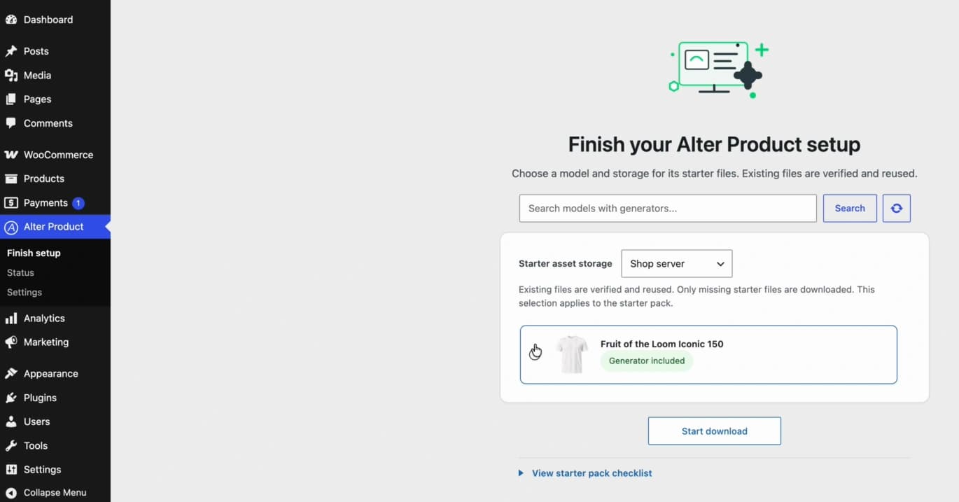 Alter Product starter setup with model selection and file download options