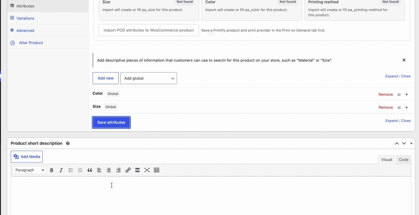 WooCommerce variable product settings with color and size variations