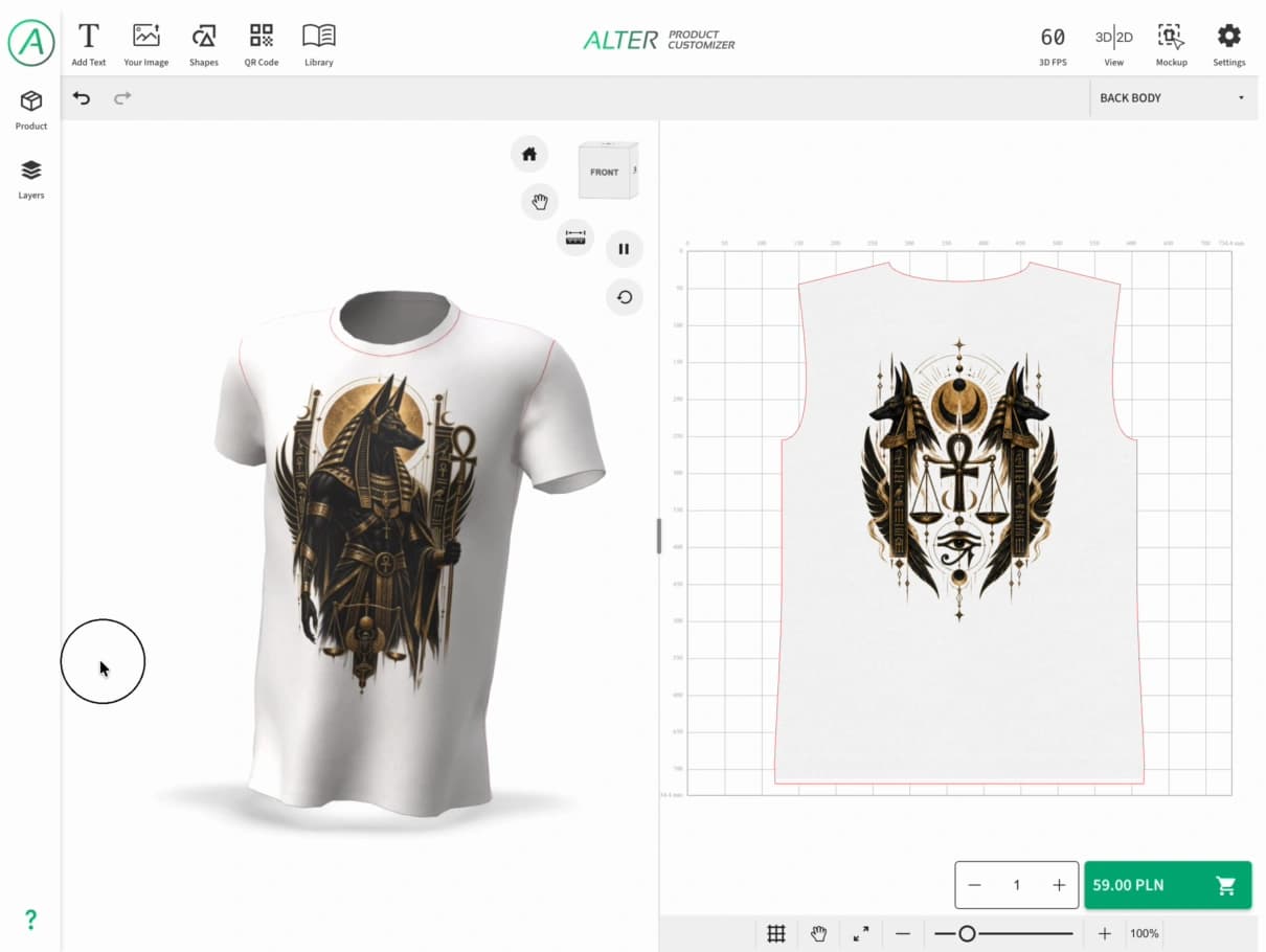 Customer personalizing a T-shirt in the Alter Product Customizer inside a WooCommerce store