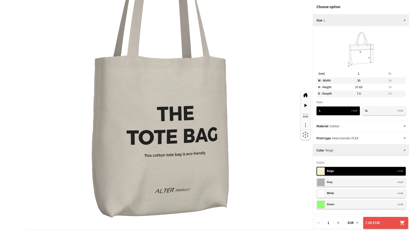 Configurator demo — 3D product configurator showing tote bag variant options with live size chart, material and color selection, print type, and dynamic pricing